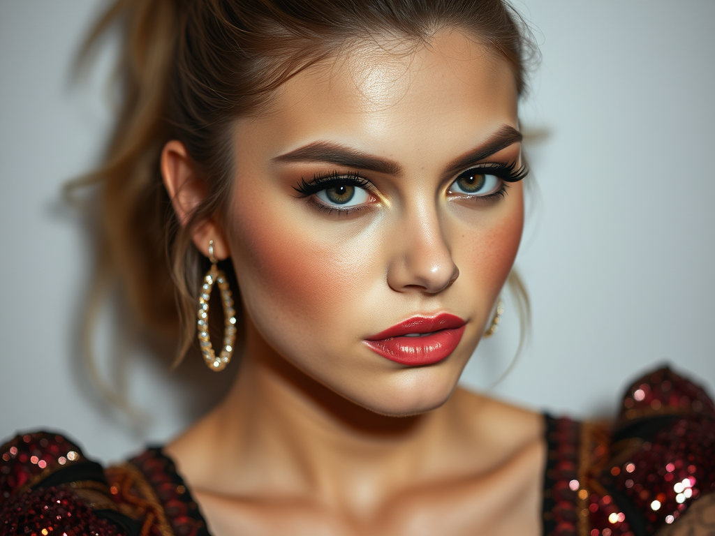 Portrait d'une jeune femme avec des lèvres rouges, des cils volumineux et des boucles d'oreilles brillantes.