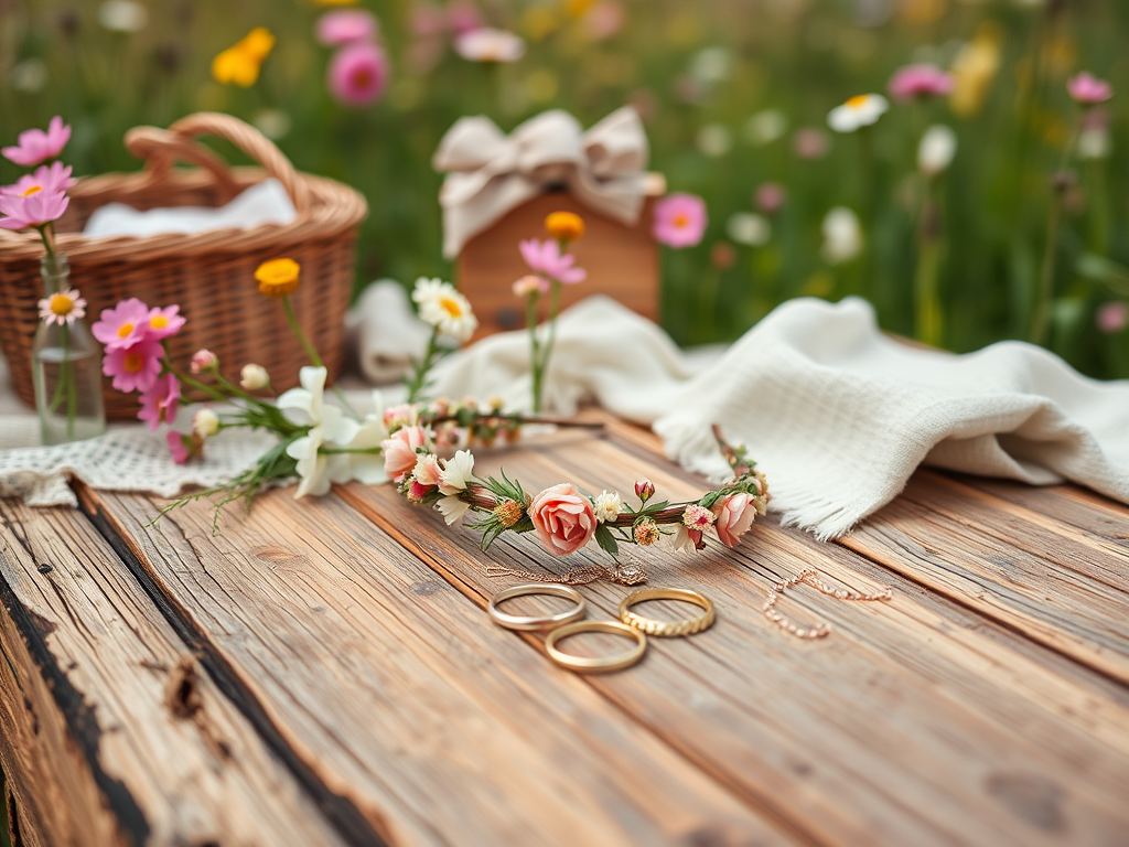 Un couronne de fleurs, des bagues dorées et un panier, sur une table en bois entourée de fleurs sauvages.