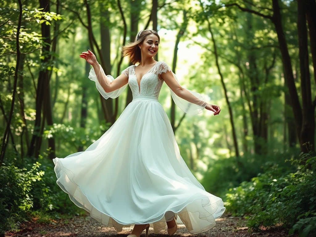 Une jeune femme danse dans une forêt, vêtue d'une robe blanche fluide, entourée de verdure.