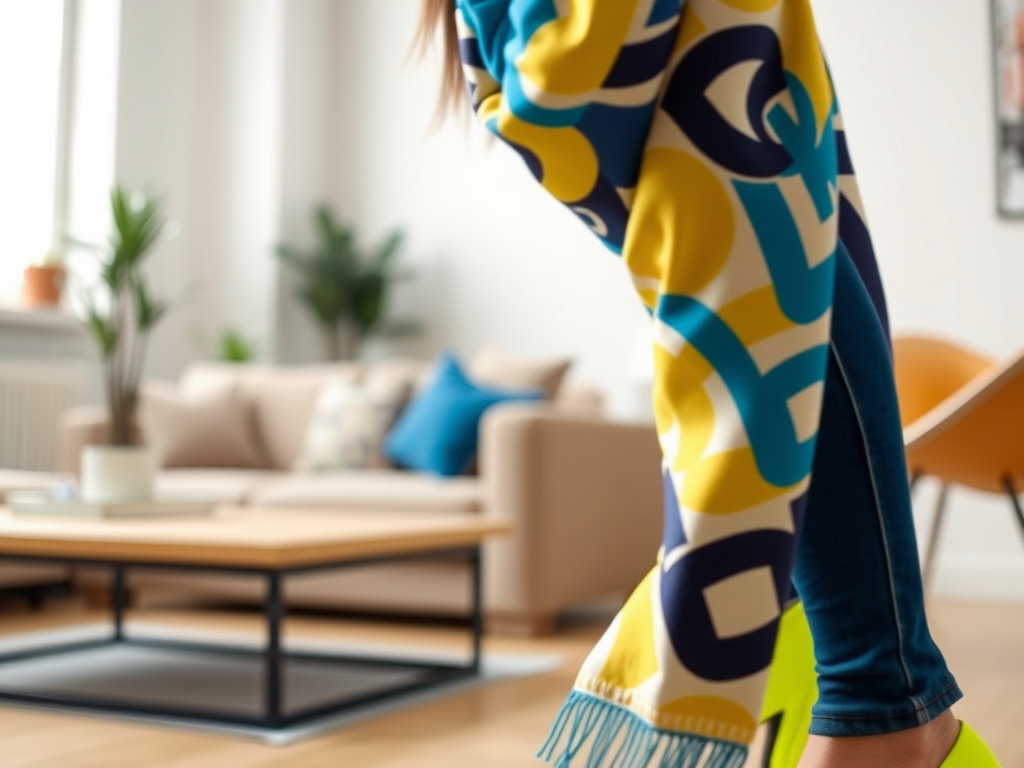 Une femme portant un pull coloré et des jeans, dans un salon moderne et lumineux.