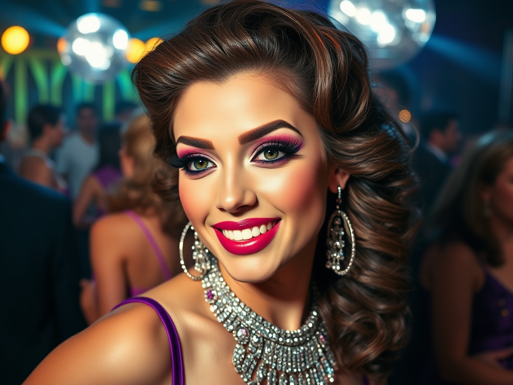 Une femme souriante avec des cheveux bouclés, des yeux colorés et un collier scintillant, en pleine soirée.