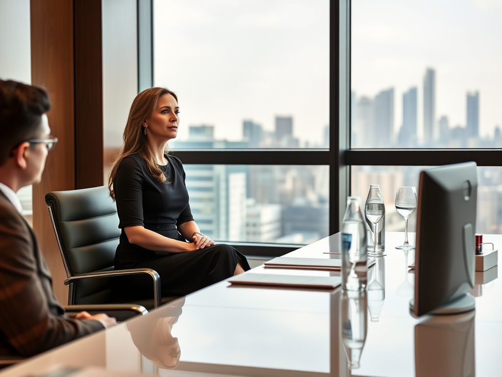 Femme en costume assise à une table de réunion, discutant dans un bureau avec vue sur la ville.