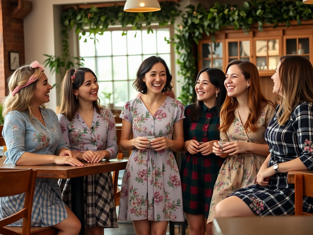 Un groupe de femmes souriantes portant des robes fleuries, discutant dans un café lumineux et convivial.