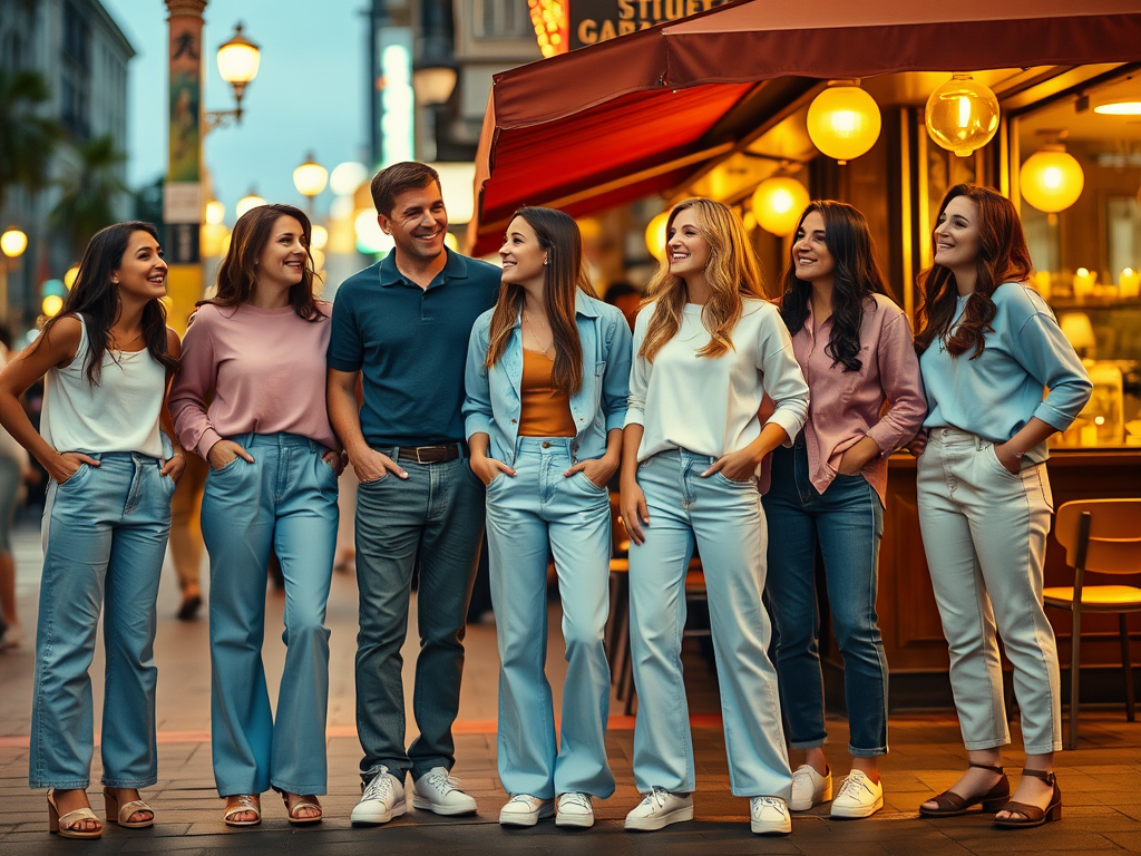 Groupe de jeunes adultes souriant ensemble, vêtus de tenues décontractées, dans une rue animée en soirée.