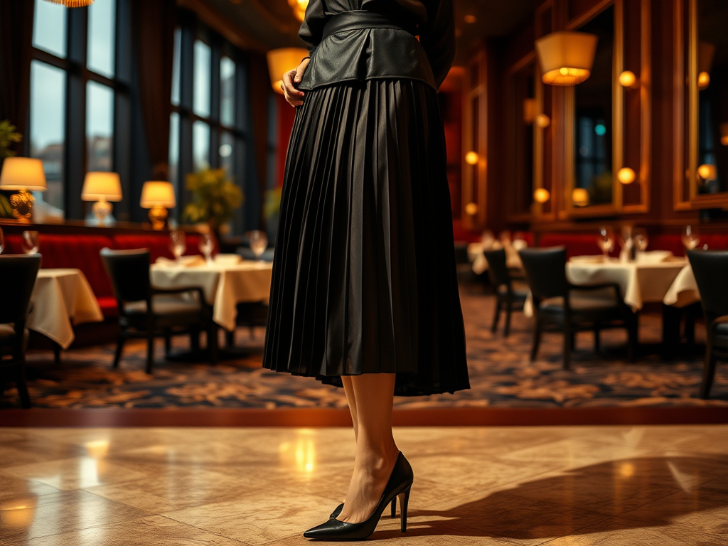 Une femme en jupe plissée noire et escarpins se tient dans un restaurant élégant avec des tables élégamment dressées.