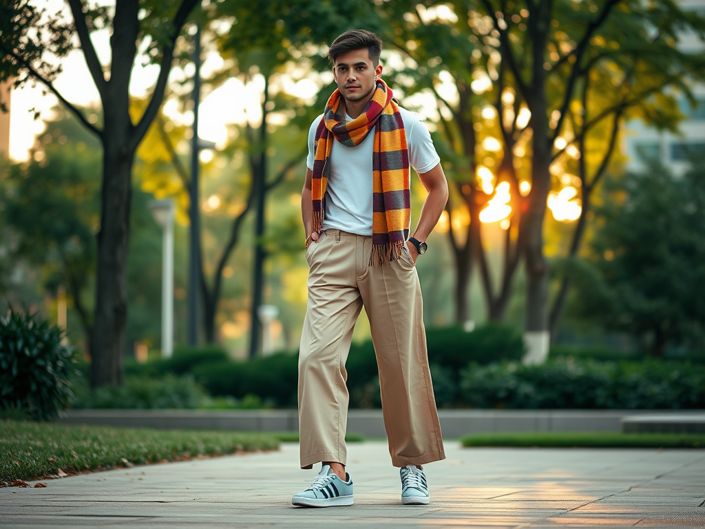 Un jeune homme en écharpe rayée, debout dans un parc au coucher du soleil, portant un t-shirt blanc et un pantalon beige.