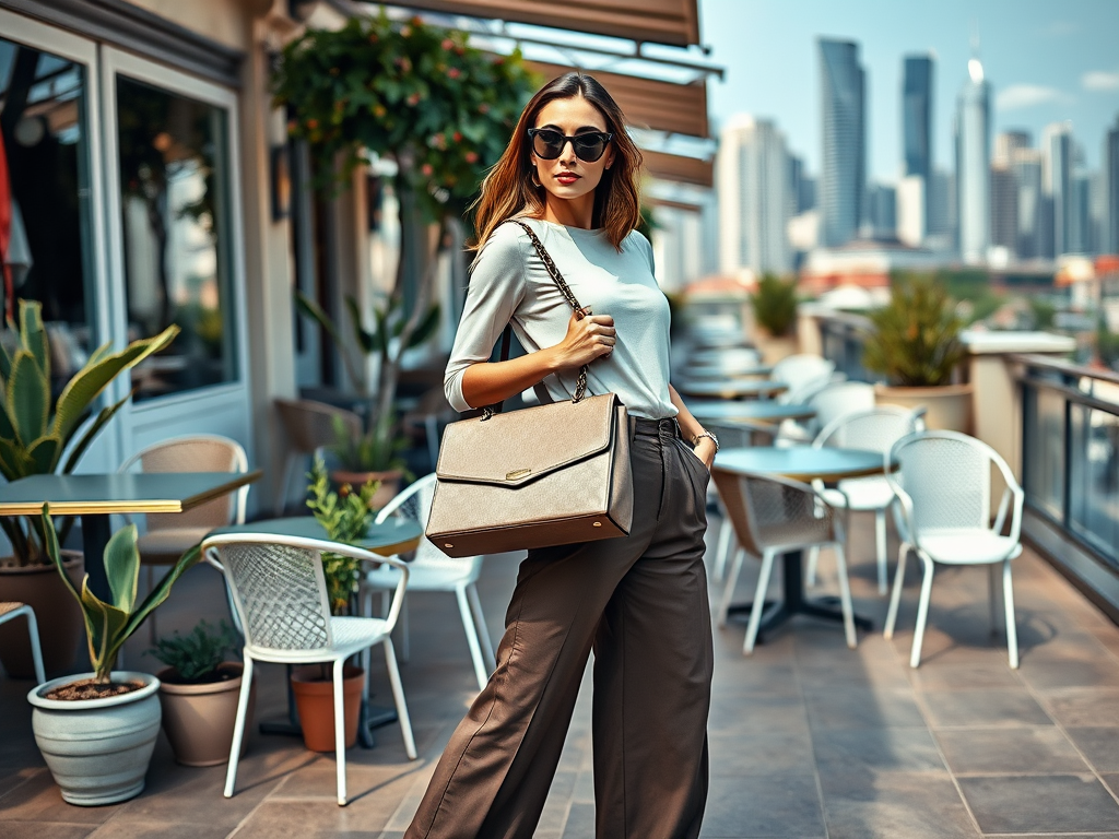 Une femme élégante en lunettes de soleil porte un sac à main sur une terrasse avec vue sur des gratte-ciels.