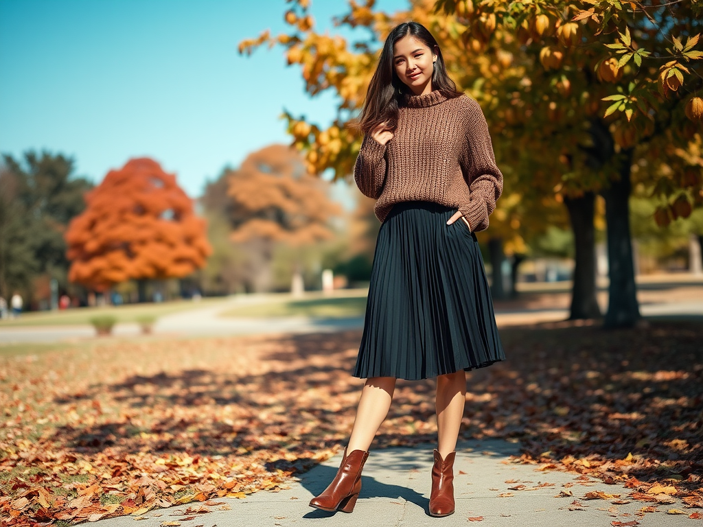 Une femme souriante porte un pull marron et une jupe plissée, marchant sur un chemin entouré de feuillage d'automne.