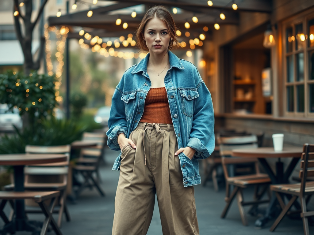 Femme en jean oversize et pantalon beige, se tenant devant un café avec des lumières suspendues.