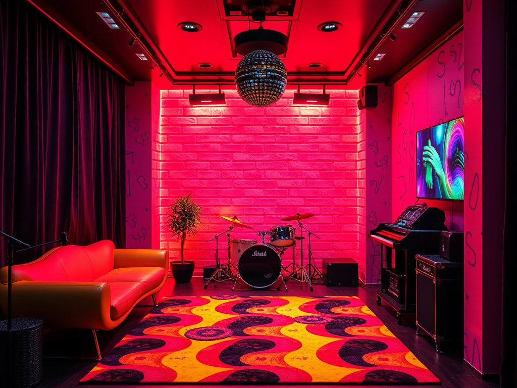 Une salle de musique rétro avec un canapé rouge, des instruments et des lumières vives. Ambiance festive et colorée.