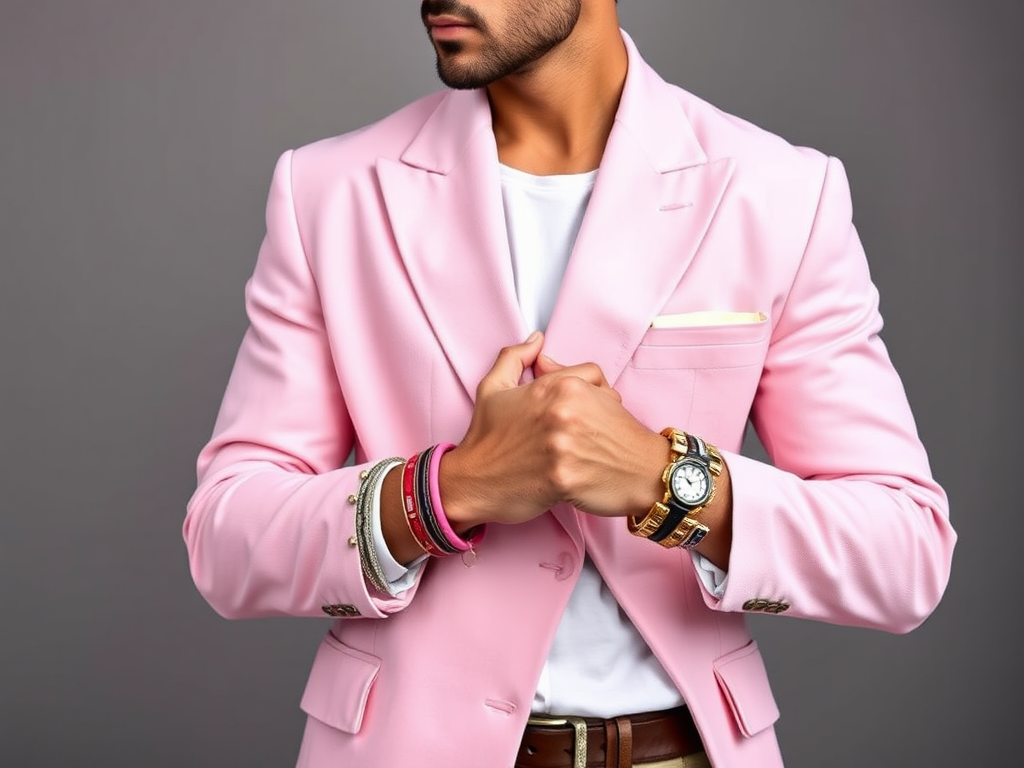 Un homme en costume rose, mains croisées, avec des bracelets et une montre, sur fond gris.