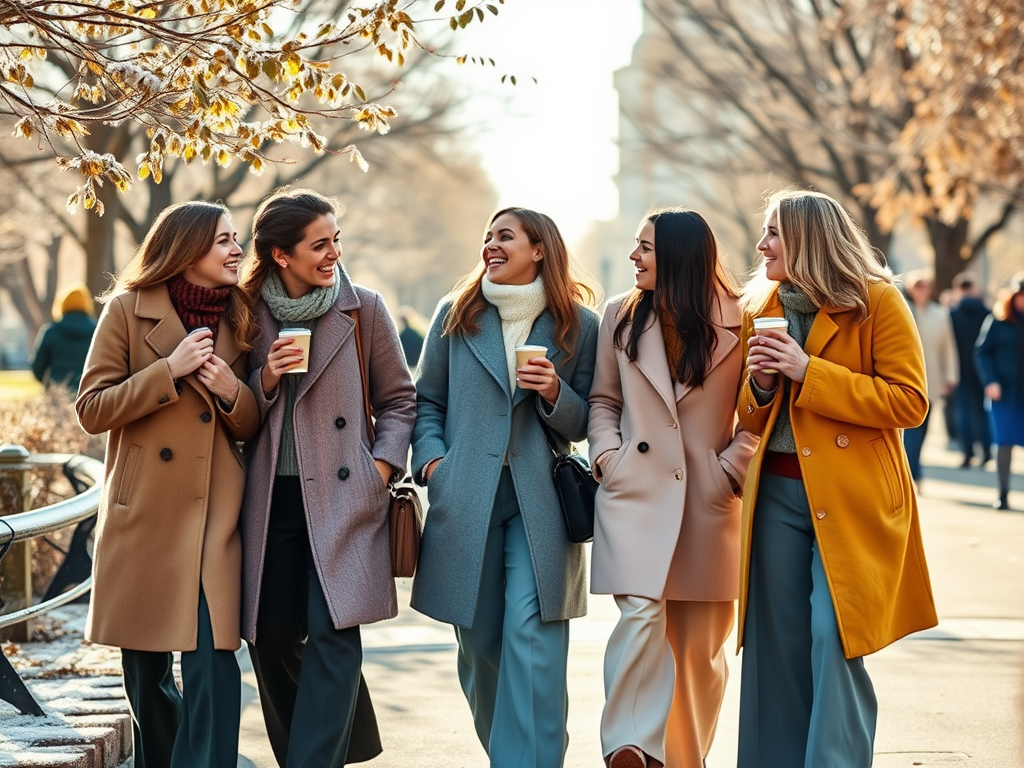 Cinq femmes marchent dans un parc en automne, vêtues de manteaux élégants et tenant des boissons chaudes.