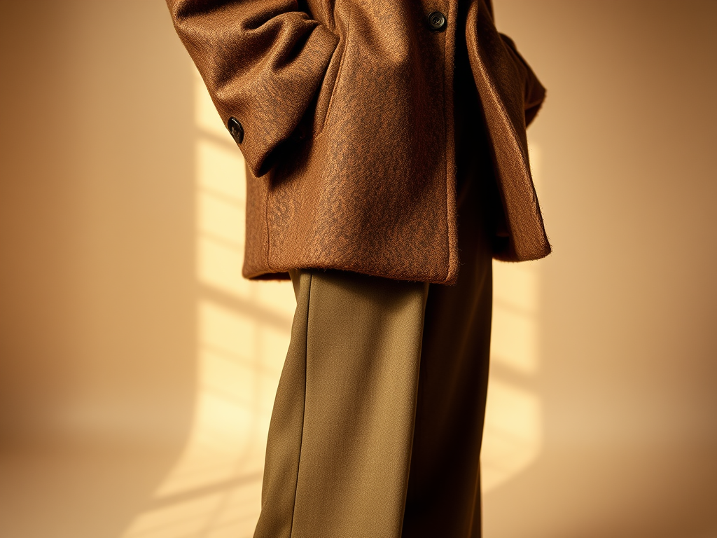 Un manteau brun avec des manches amples, associé à un pantalon beige, sur un fond neutre.