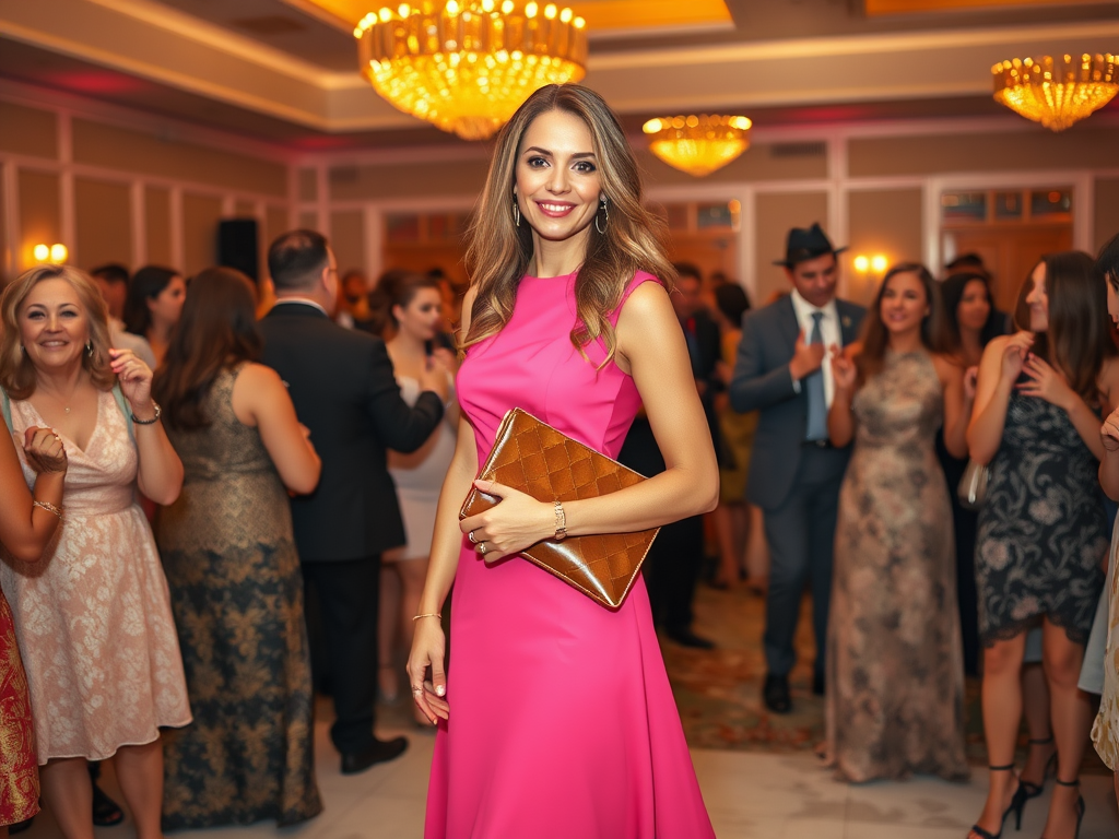 Une femme souriante en robe rose tient une pochette, entourée de personnes lors d'une fête élégante.