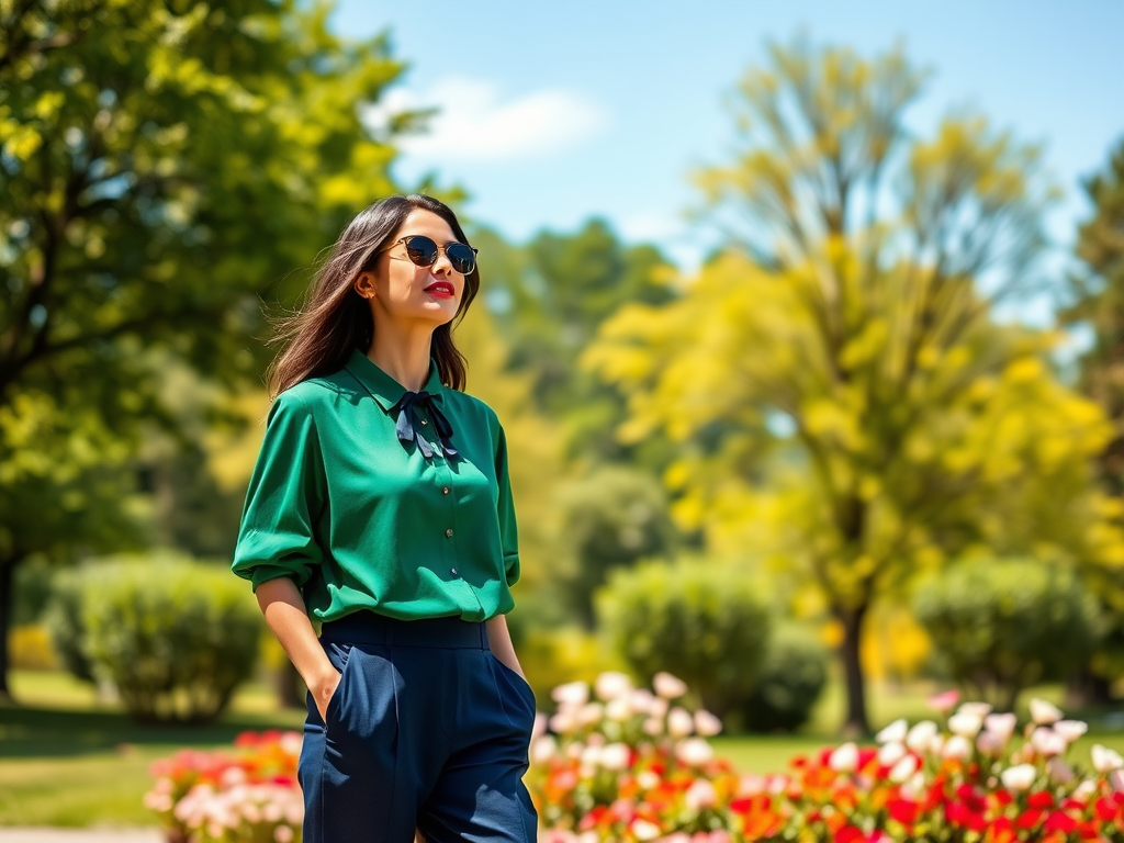 Une femme élégante en chemise verte et pantalon bleu marche dans un parc fleuri par une journée ensoleillée.