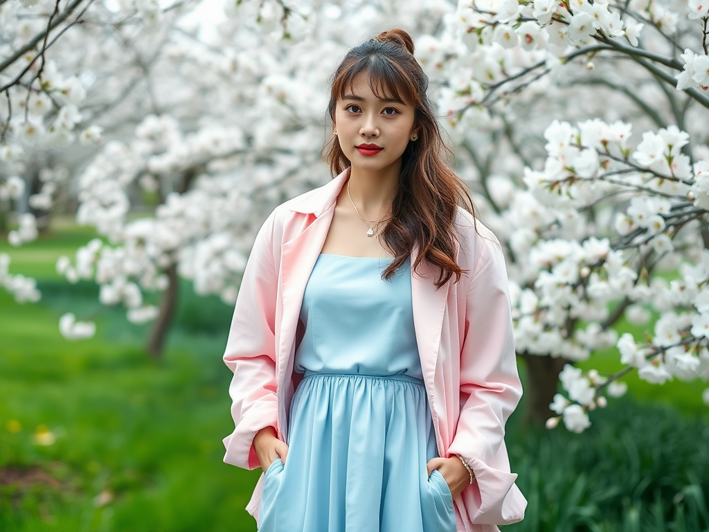 Une jeune femme en robe bleue et manteau rose pose devant des cerisiers en fleurs dans un parc verdoyant.
