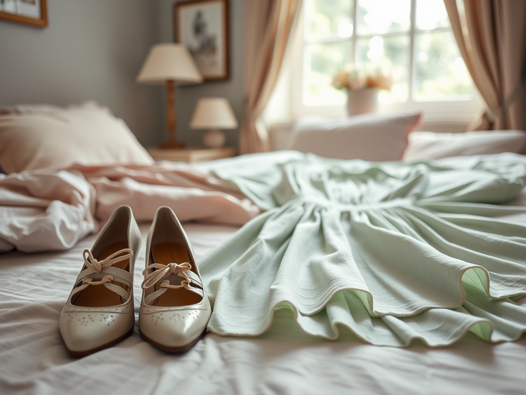 Une robe verte pâle et des chaussures blanches sont posées sur un lit bien rangé avec des draps en désordre.
