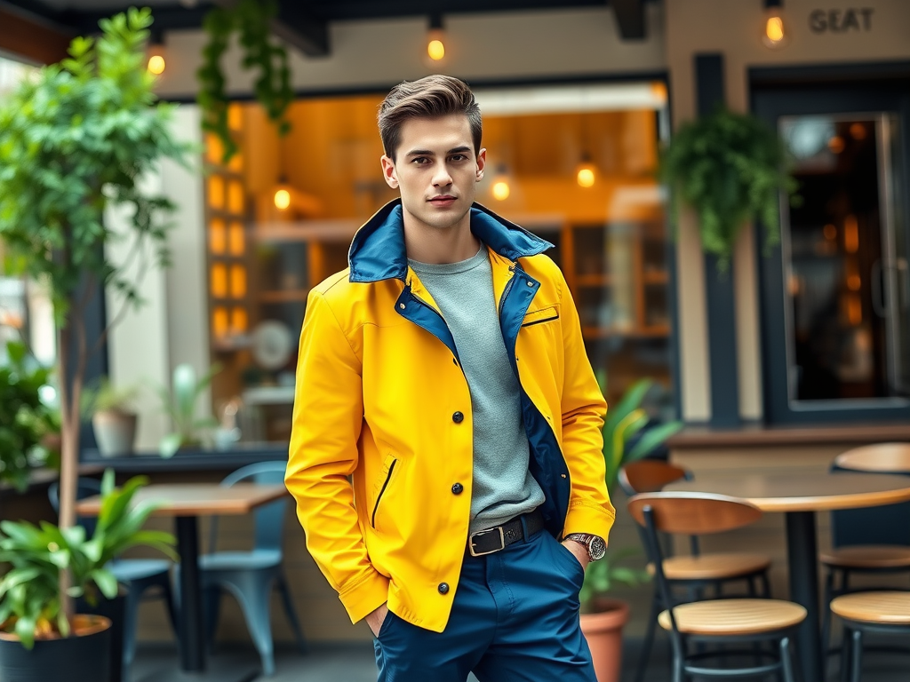 Un jeune homme en jaune et bleu se tient devant un café, avec des plantes et un décor moderne en arrière-plan.