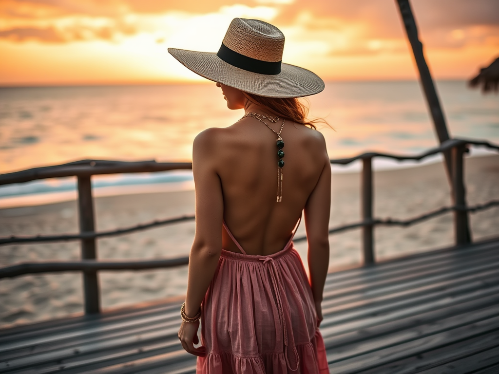 Une femme silhouette regardant un coucher de soleil, portant un chapeau de paille et une robe d'été.