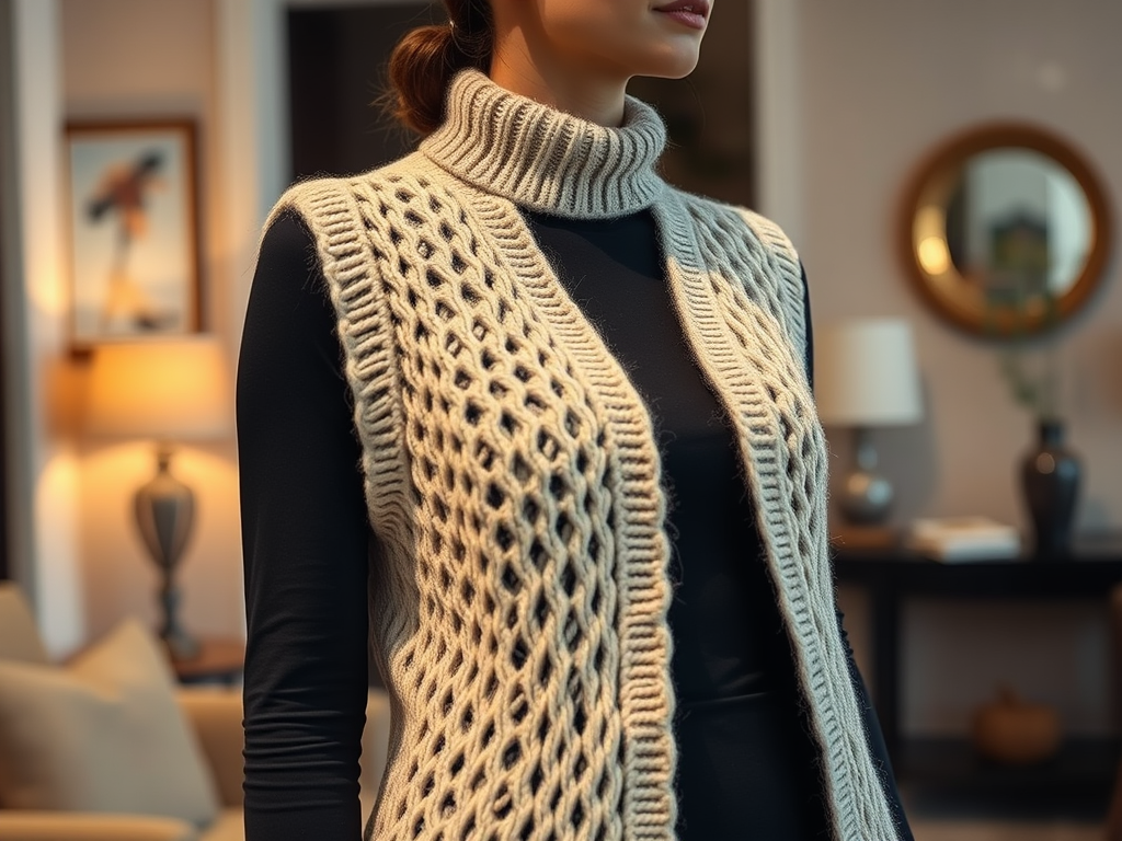Une femme portant un gilet en tricot beige avec un col roulé noir, dans un intérieur moderne et chaleureux.