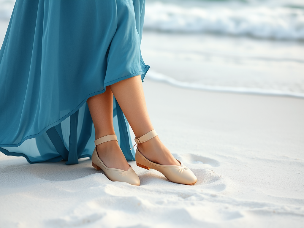Un vêtement fluide bleu et des ballerines beiges posées sur le sable à la plage, avec des vagues en arrière-plan.