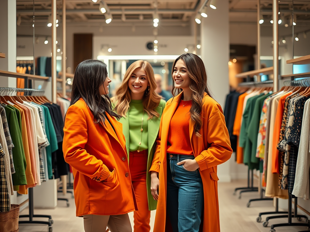 Trois femmes souriantes discutent dans un magasin de vêtements, portant des manteaux orange et des tenues colorées.