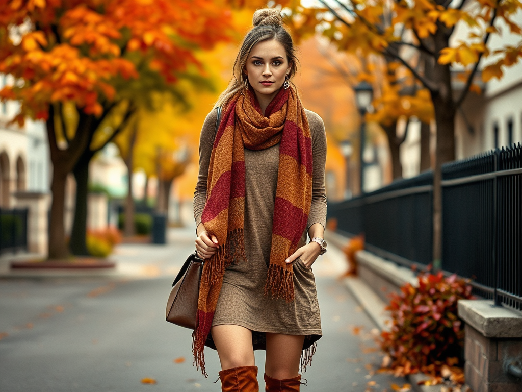 Une femme marchant dans une rue bordée d'arbres en automne, portant une robe beige et une écharpe colorée.