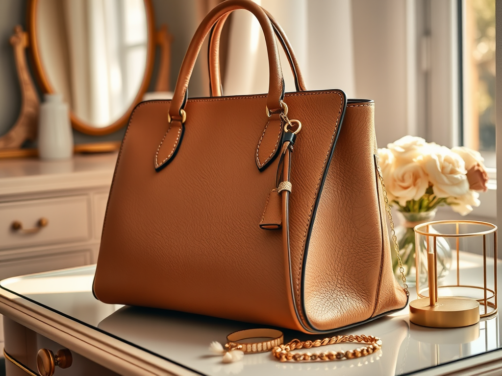 Un sac à main en cuir marron avec une chaîne, posé sur une table près de fleurs et d'une bougie.