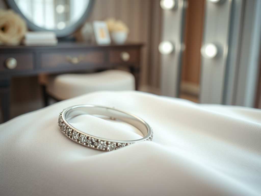 Un bracelet en argent orné de pierres scintillantes posé sur un tissu blanc dans une chambre élégante.