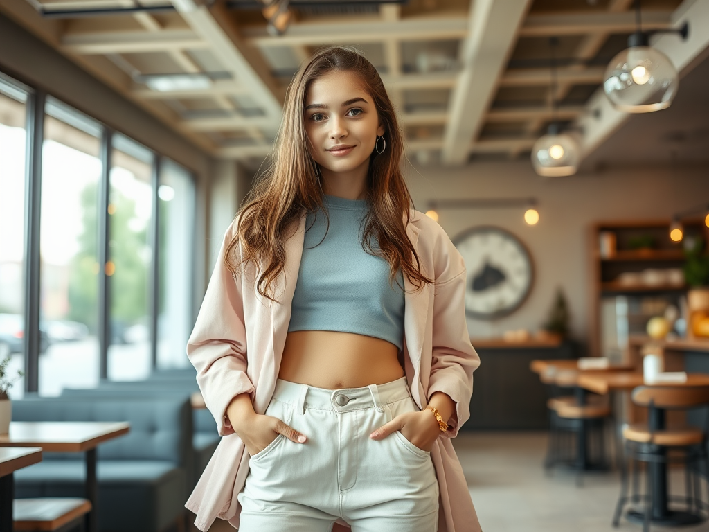 Une jeune femme avec des cheveux longs et bruns, souriant dans un café moderne. Elle porte un haut court et un manteau.