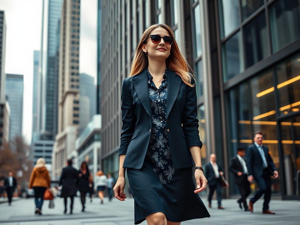 Une femme en costume chic marche dans une rue animée, entourée de personnes d'affaires dans un environnement urbain.