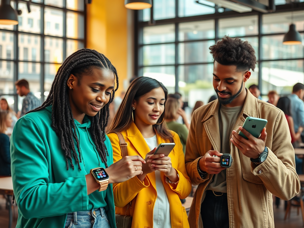 Trois jeunes adultes utilisent des smartphones et une montre connectée, dans un café animé avec des gens derrière.
