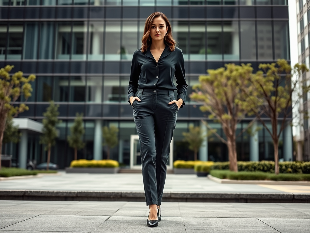 Une femme en tenue professionnelle marche avec assurance devant un bâtiment moderne. Arbres et espace urbain en arrière-plan.