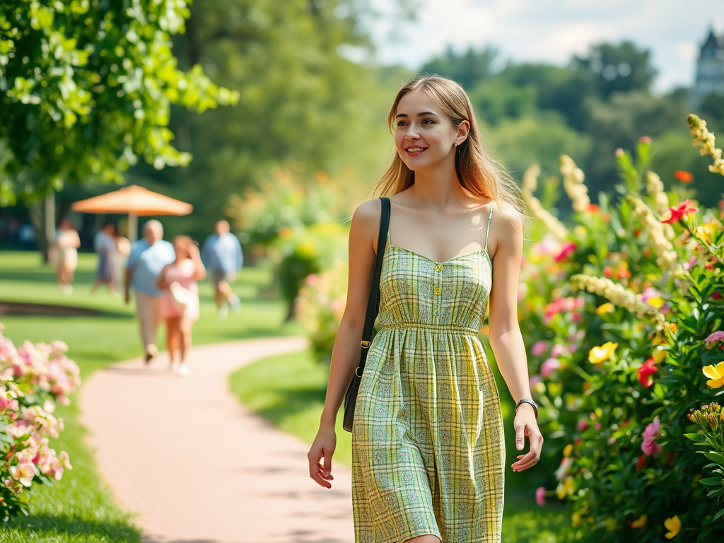 Une jeune femme souriante marche dans un parc fleuri, avec des gens en arrière-plan sous un ciel ensoleillé.
