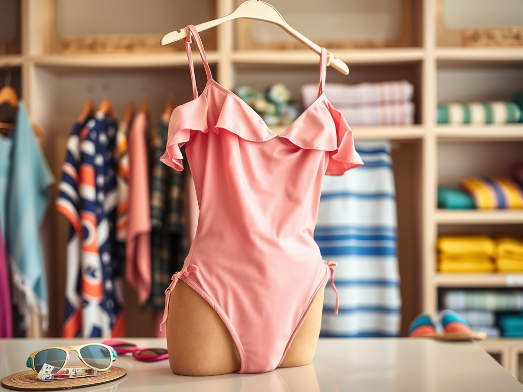 Un maillot de bain rose avec des volants, exposé dans une boutique, entouré de vêtements colorés.