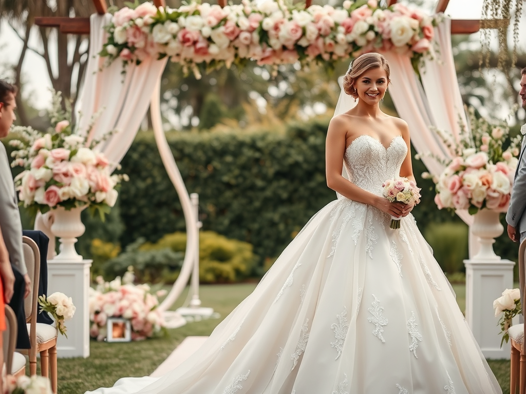 Une mariée souriante en robe blanche, entourée de fleurs, se tient devant un arch de mariage décoré.