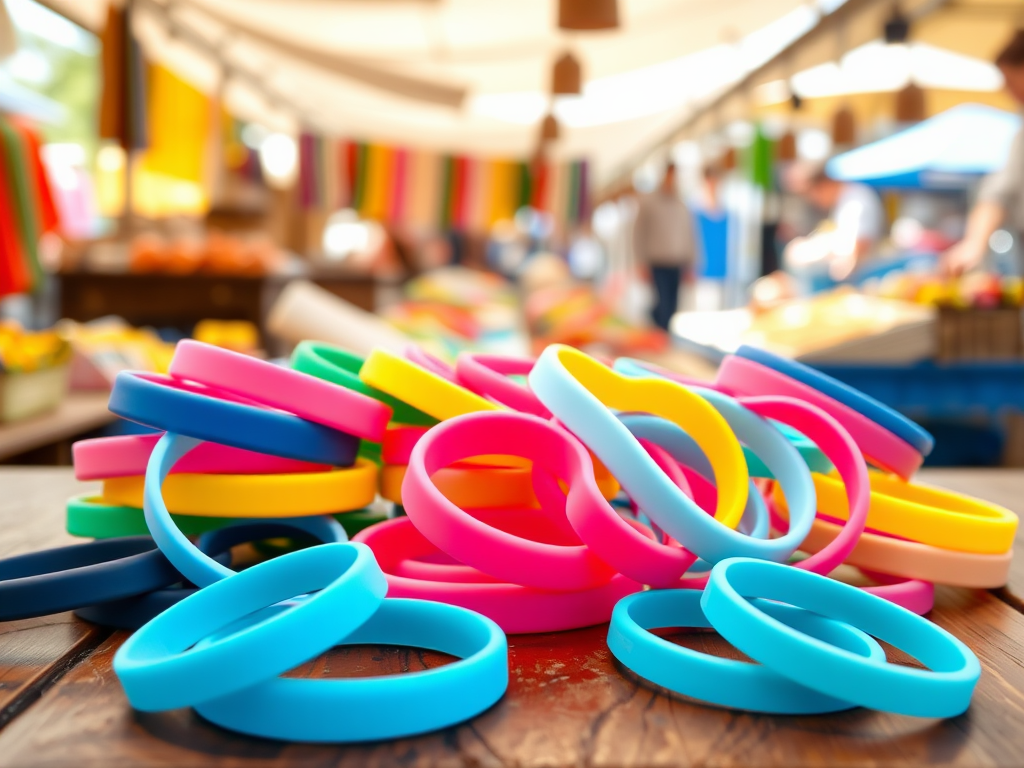 Une scène colorée avec des bracelets en silicone disposés sur une table, en arrière-plan, un marché animé.