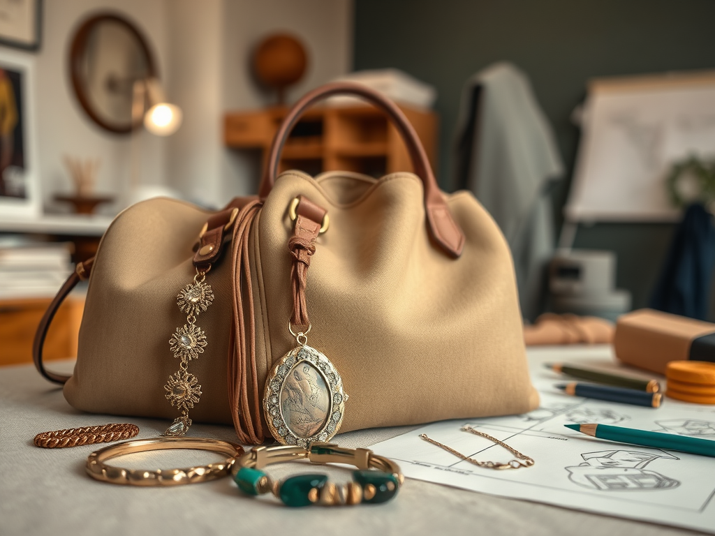 Un sac beige élégant avec des bijoux dorés et des croquis de mode sur une table en bois.