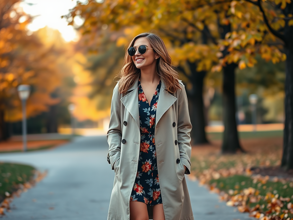 Une femme souriante porte un trench beige et des lunettes de soleil, marchant dans un parc aux feuilles d'automne.