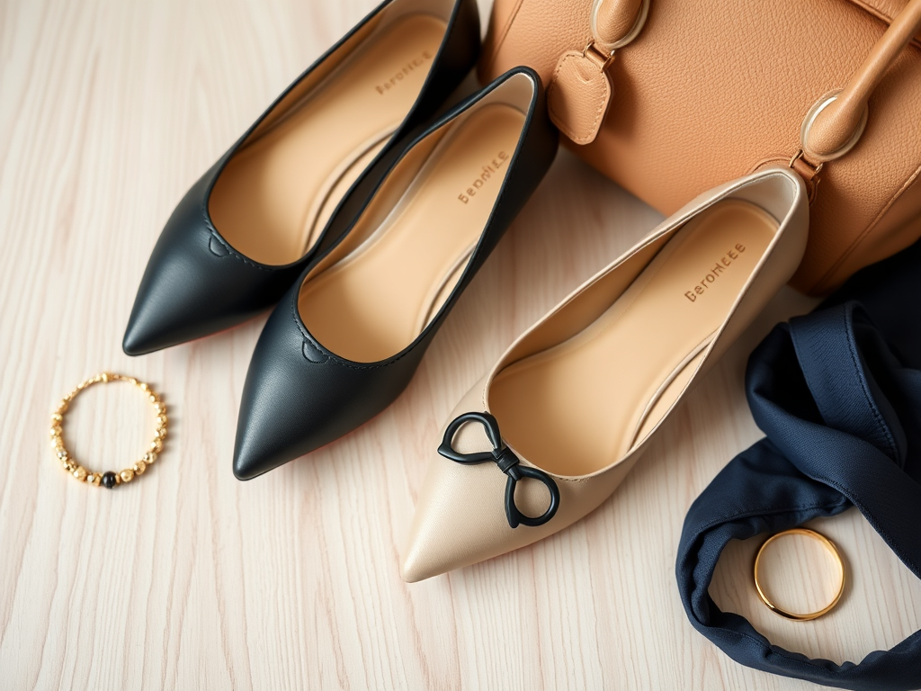 Une paire de ballerines noires et beiges, un sac à main, des bijoux et un foulard sur une surface en bois.