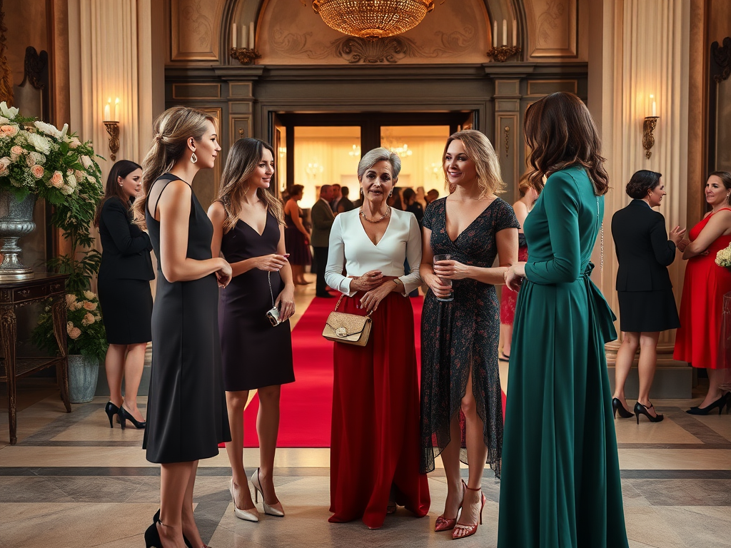 Cinq femmes élégantes discutent dans un hall somptueux lors d'un événement, avec des décorations florales.