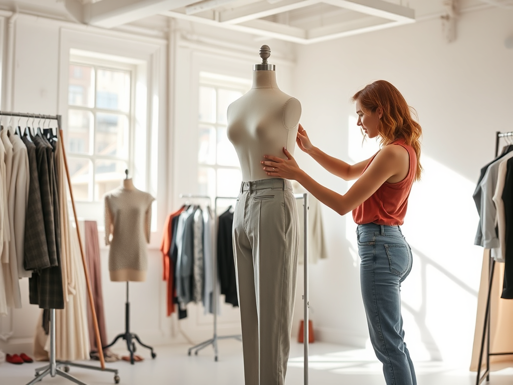 Une femme ajuste un mannequin dans un espace lumineux, entourée de vêtements sur des portants.