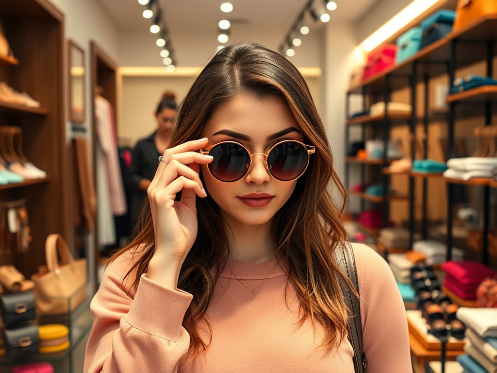 Une jeune femme avec des lunettes de soleil se tient dans un magasin, entourée de vêtements et d'accessoires.