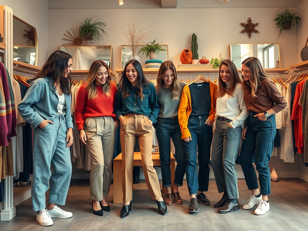 Un groupe de femmes souriantes dans une boutique de mode, essayant des vêtements et partageant un moment convivial.