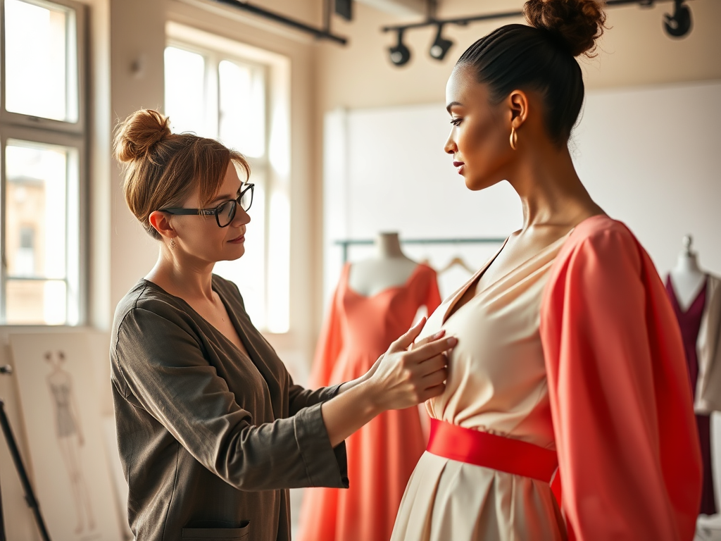 Une créatrice de mode ajuste une robe sur un mannequin dans un studio lumineux. Différentes robes sont visibles.