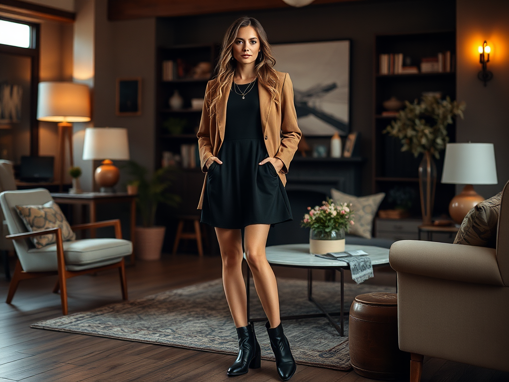 Une femme debout dans un salon élégant, portant une robe noire et un blazer beige, avec des plantes et des meubles autour.