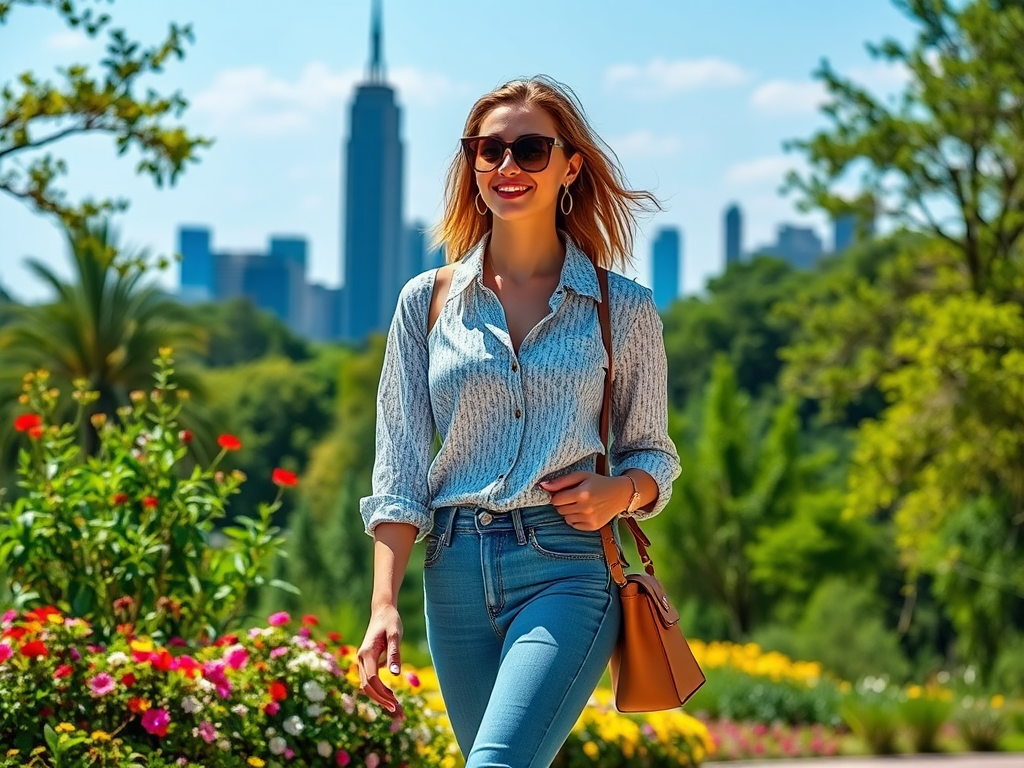 Une femme souriante marche dans un parc fleuri avec des gratte-ciels en arrière-plan, portant des lunettes de soleil.