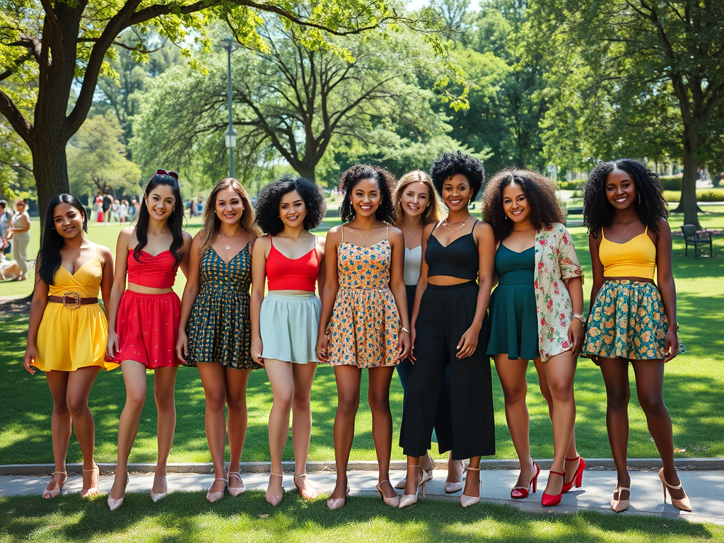 Neuf femmes posent ensemble dans un parc, portant des robes colorées sous un soleil d'été.
