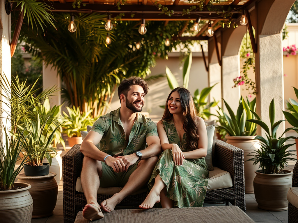 Un couple souriant assis dans un jardin tropical, entouré de plantes et de lumières suspendues.