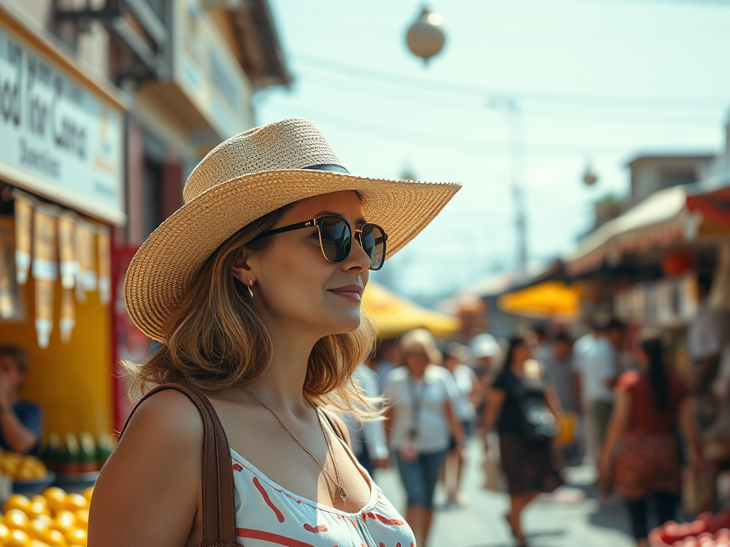 Une femme portant un chapeau de paille et des lunettes de soleil, se promenant dans un marché animé.